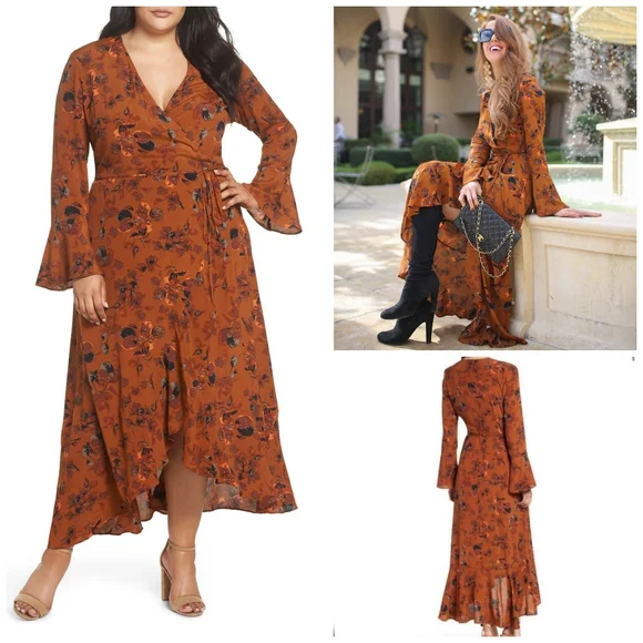 LEITH Burnt Orange Floral Wrap Dress Hi Low Rust Size 1X - Picture 1 of 9